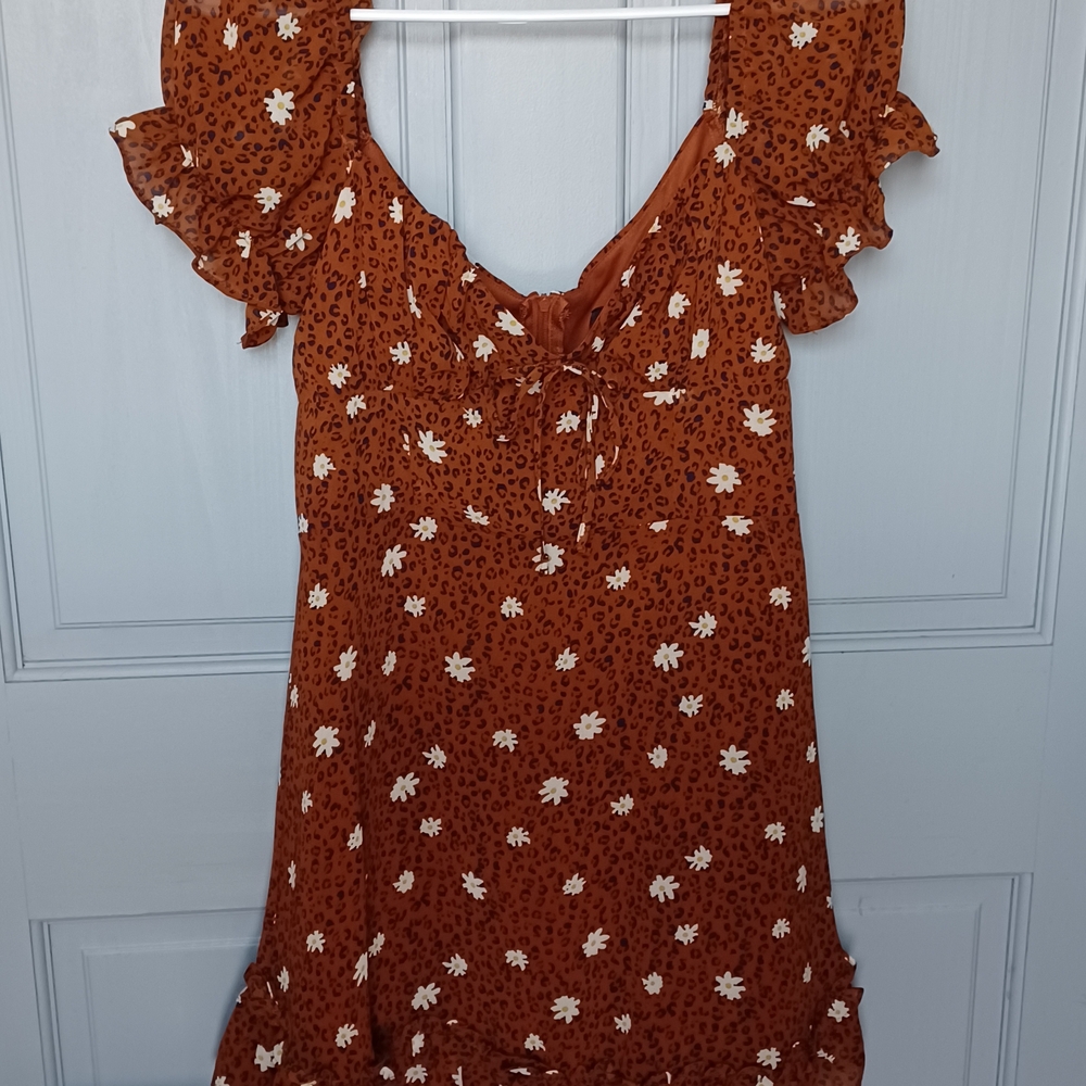 Rust Brown Floral Flutter Sleeve Mini Dress